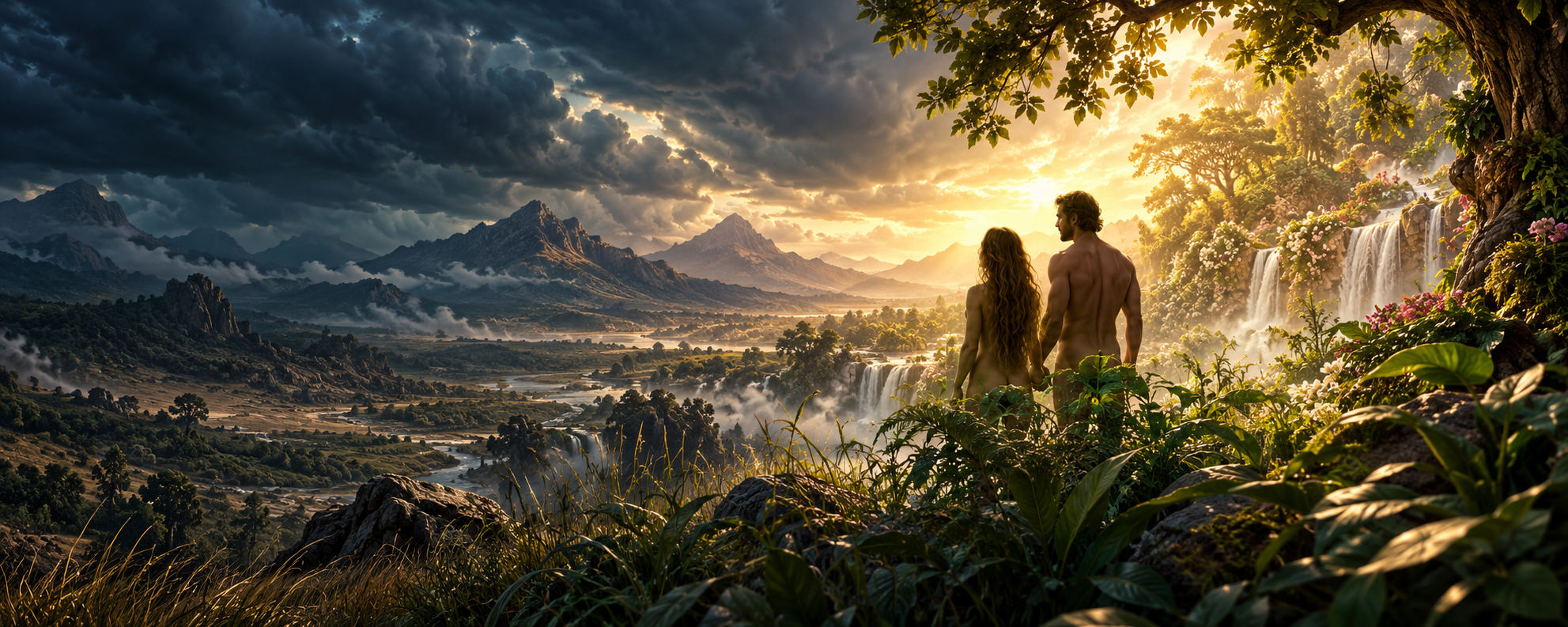 Original cinematic artwork of unclothed adult Adam and Eve in a radiant garden, with foliage and framing concealing all private areas as they face a storm-lit wilderness